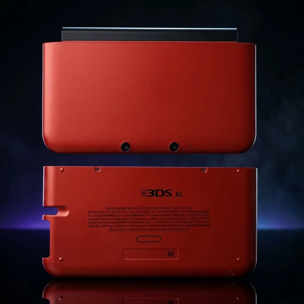 Red Nintendo 3DS XL replacement housing shell top and bottom covers on a dark smoky backdrop, ModxGaming UK