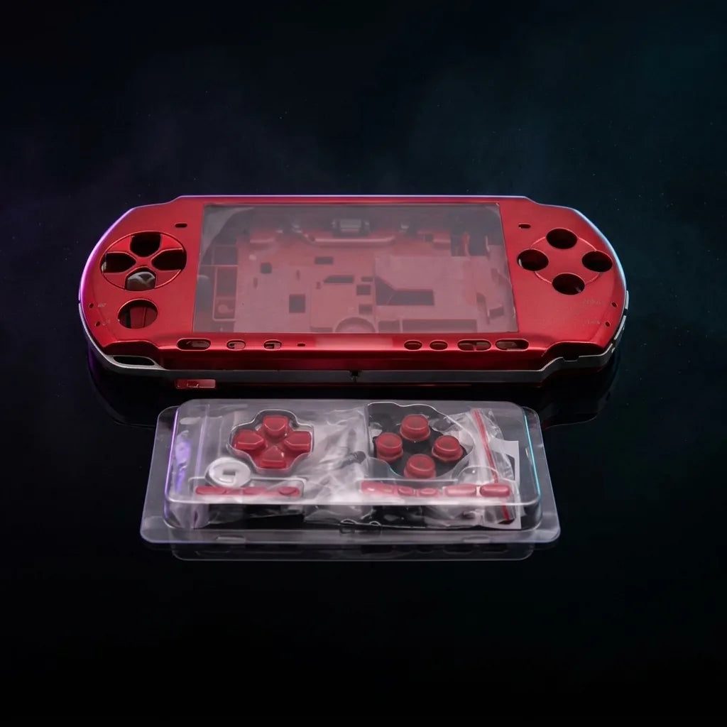 Red PSP 2000/3000 Slim replacement shell kit laid out with buttons and screws, modded PSP housing UK
