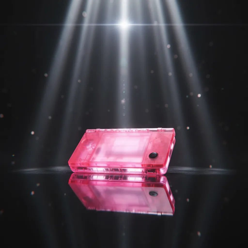 Glossy pink Rose Quartz Ghost DSi housing under a dramatic spotlight, see-through DSi shell UK