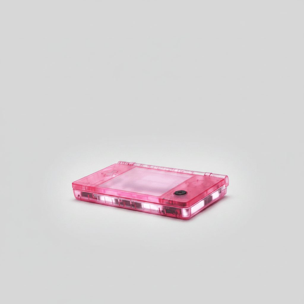 Rose Quartz Ghost transparent pink DSi replacement shell shown angled on white, full housing kit