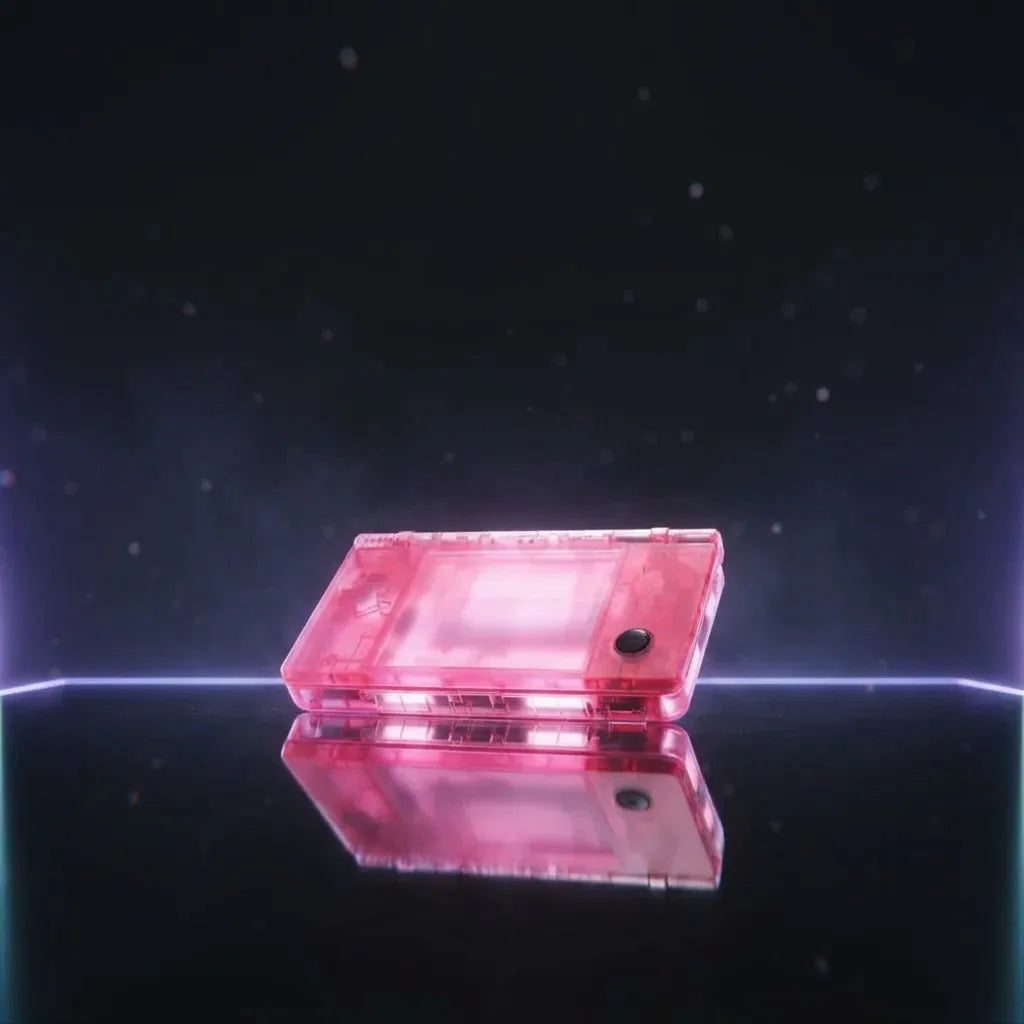 Rose Quartz Ghost clear pink transparent DSi replacement shell floating on a dark starfield
