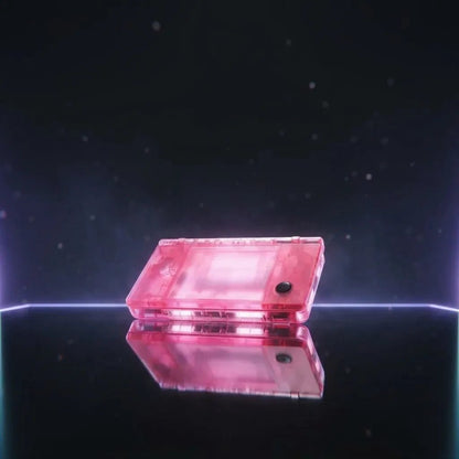 Rose Quartz Ghost clear pink transparent DSi replacement shell floating on a dark starfield