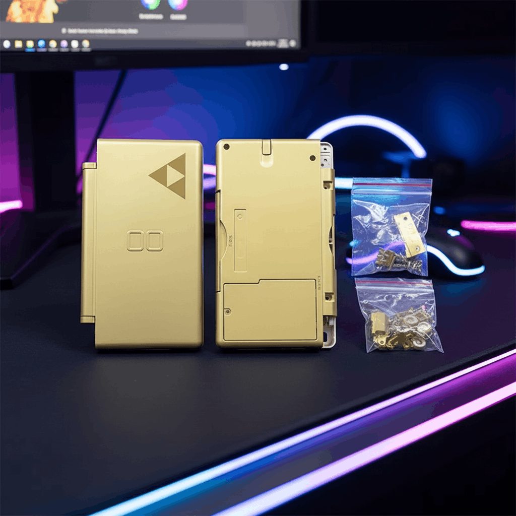 Royal Aurum gold Triforce DS Lite aftermarket housing on an RGB-lit gaming desk with hardware bags, custom DS Lite case UK