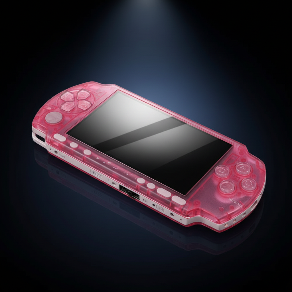 Transparent pink PSP 3000 replacement shell with matching buttons and glossy black screen
