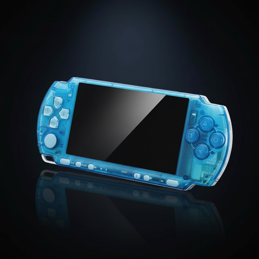Transparent aqua blue PSP 3000 replacement shell with matching buttons and glossy black screen