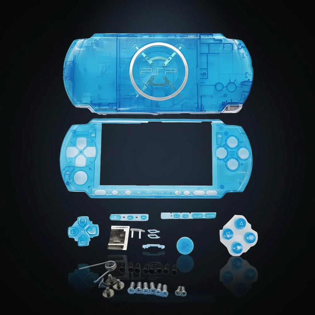 Transparent aqua blue PSP 3000 replacement shell kit with matching buttons, screws and installation accessories