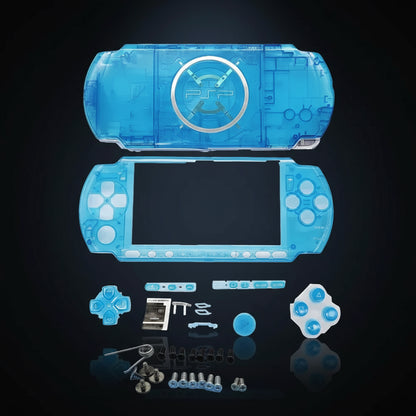 Transparent aqua blue PSP 3000 replacement shell kit with matching buttons, screws and installation accessories