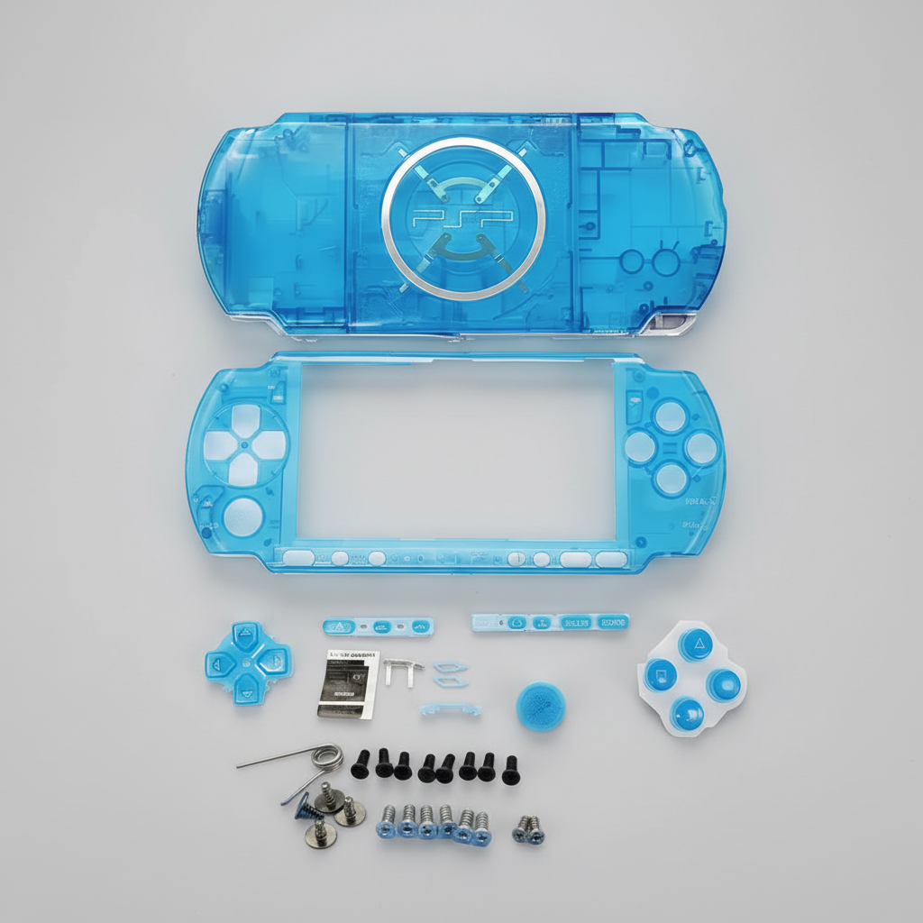 Transparent blue PSP 3000 replacement shell kit with matching buttons, screws and fitting accessories