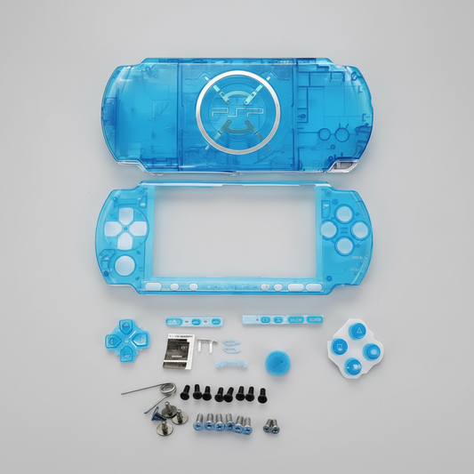 Transparent blue PSP 3000 replacement shell kit with matching buttons, screws and fitting accessories