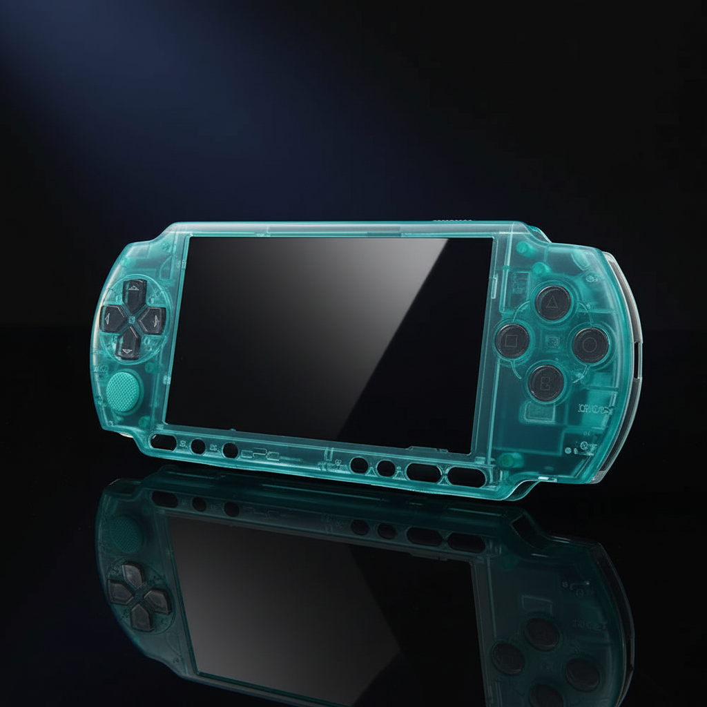 Transparent aqua blue Sony PSP 3000 replacement shell with matching buttons and glossy black screen