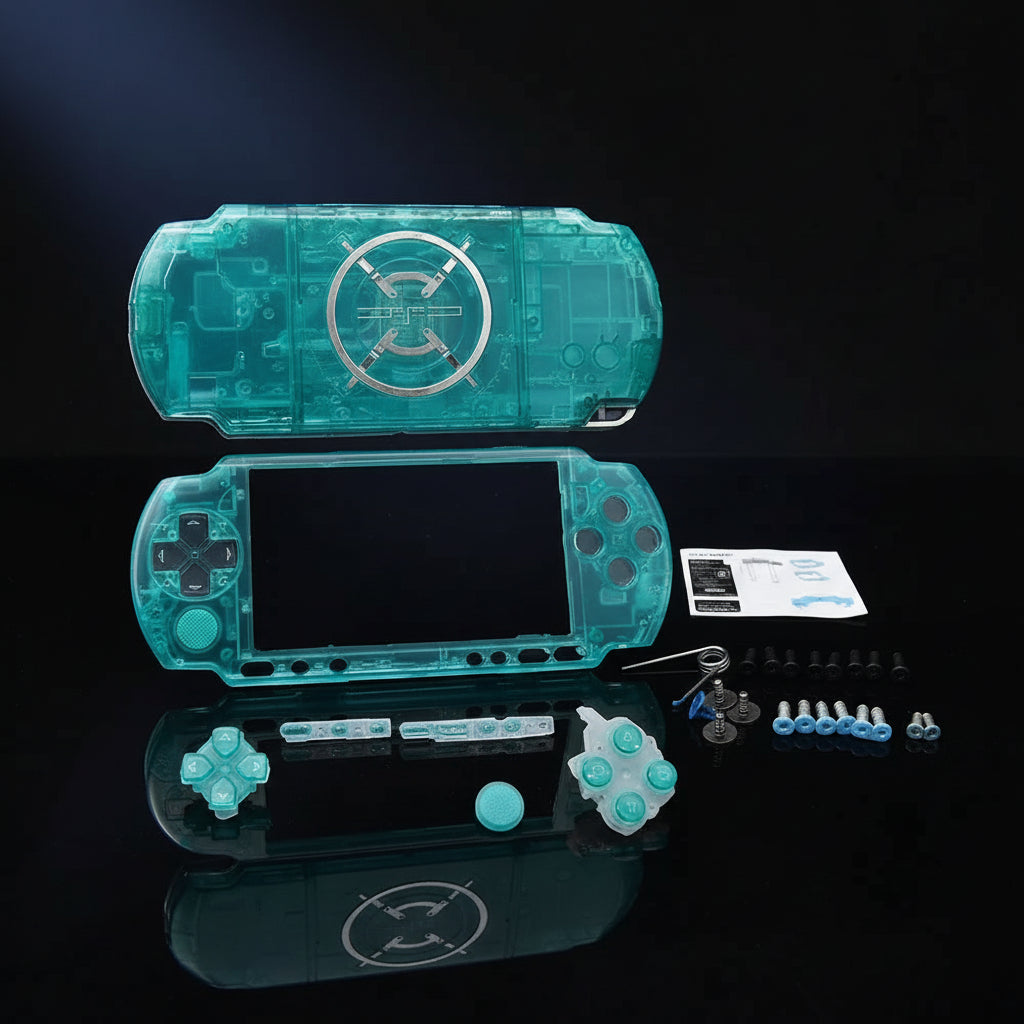Transparent aqua blue PSP 3000 replacement shell kit with buttons, screws and installation accessories