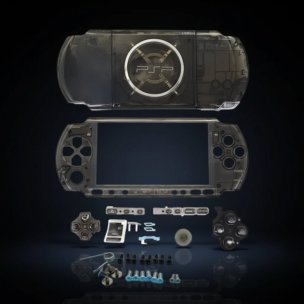 Transparent smoke black PSP 3000 replacement shell kit with buttons, screws and installation parts
