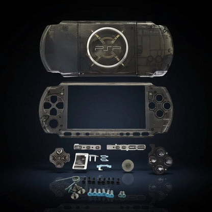 Transparent smoke black PSP 3000 replacement shell kit with buttons, screws and installation parts