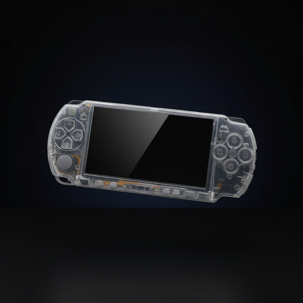 Clear transparent PSP 3000 replacement shell with matching buttons and glossy black screen