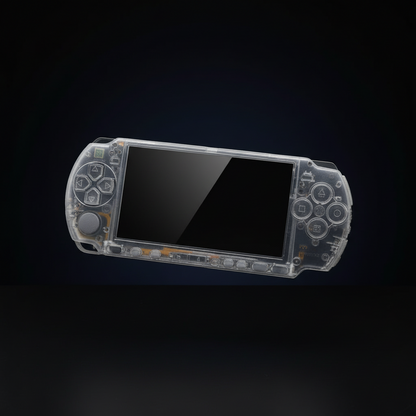 Clear transparent PSP 3000 replacement shell with matching buttons and glossy black screen