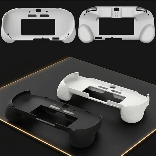 PS Vita 2000 hand grip front back and disassembled view in white and black on gaming desk – ergonomic controller grip for Sony PS Vita 2000 | ModxGaming UK