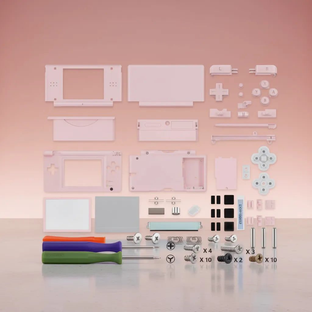 Complete Sakura Bloom DS Lite replacement shell kit with screwdrivers, screws and rubber pads, custom DS Lite case UK