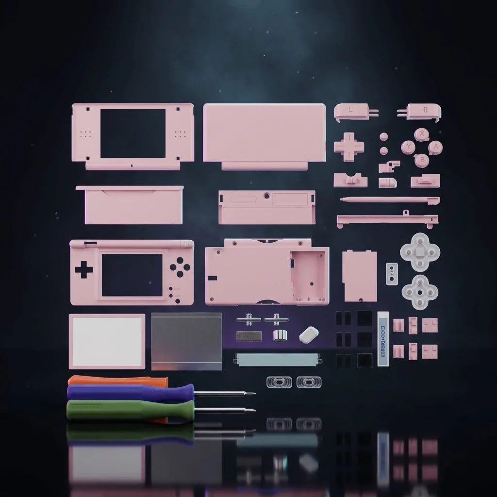 Sakura Bloom pink DS Lite replacement shell kit laid out on a starlit desk, aftermarket housing and buttons - ModxGaming UK