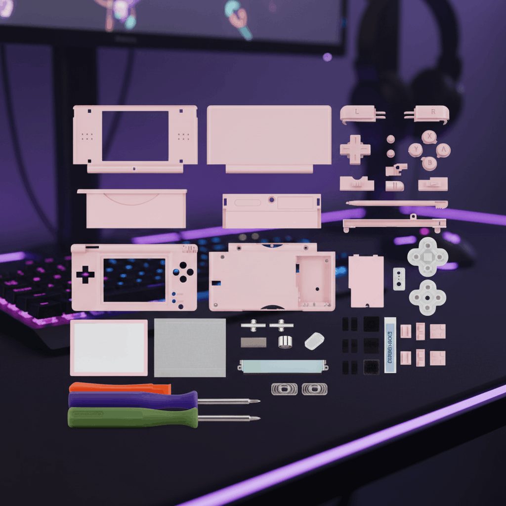 Pink Sakura Bloom DS Lite aftermarket housing parts on a purple RGB gaming desk, custom faceplate and button set, buy online UK