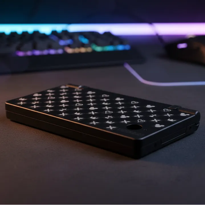 Black Signature Limited DSi housing with white symbol pattern on a gaming desk - ModxGaming UK