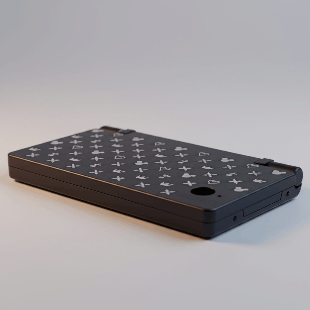 Signature Limited black monogram DSi replacement shell shown angled on grey, limited-run housing