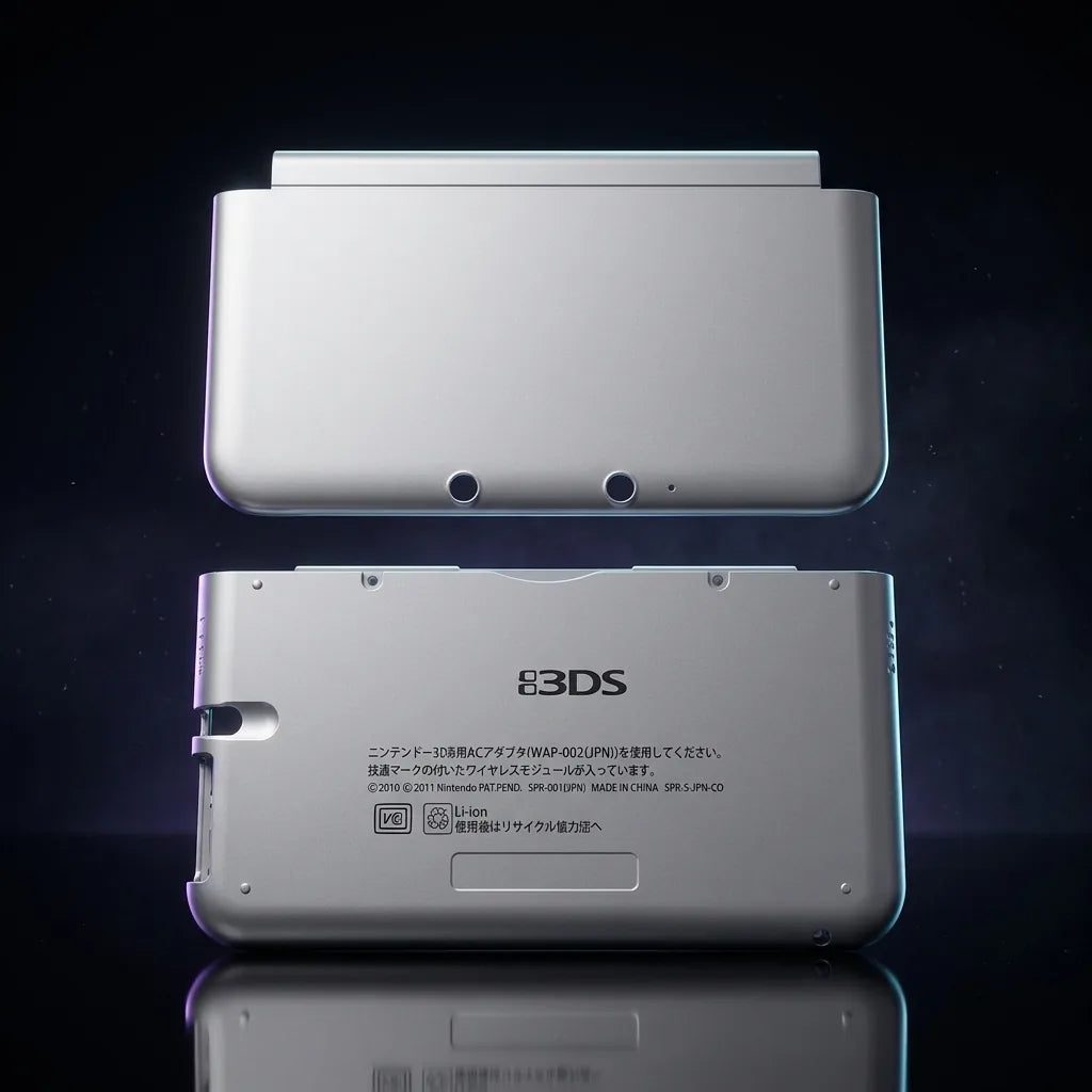 Silver Nintendo 3DS XL replacement housing shell top and bottom covers on a dark backdrop, ModxGaming UK