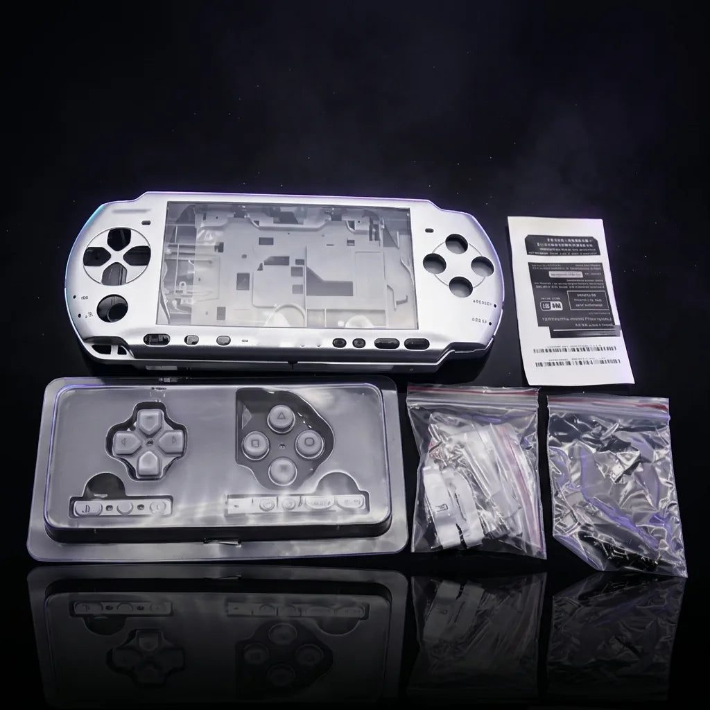 Silver PSP 2000/3000 Slim replacement shell kit laid out with buttons and screws, modded PSP housing UK