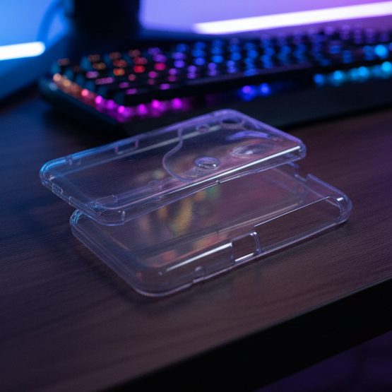 Crystal-clear Slime Surge New 2DS XL housing catching RGB light on a gaming desk - ModxGaming UK