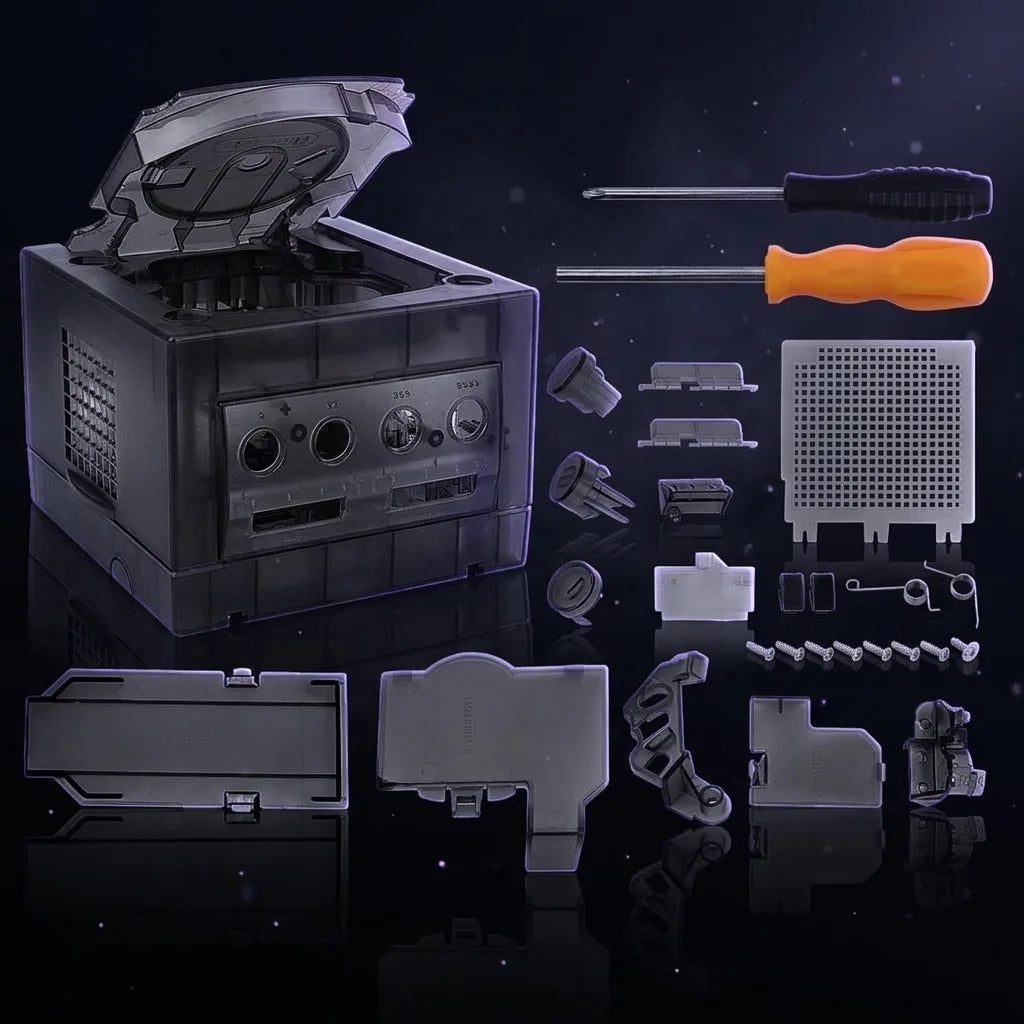 Transparent Smoke Black Nintendo GameCube replacement shell halves with screws, see-through modded GameCube housing UK