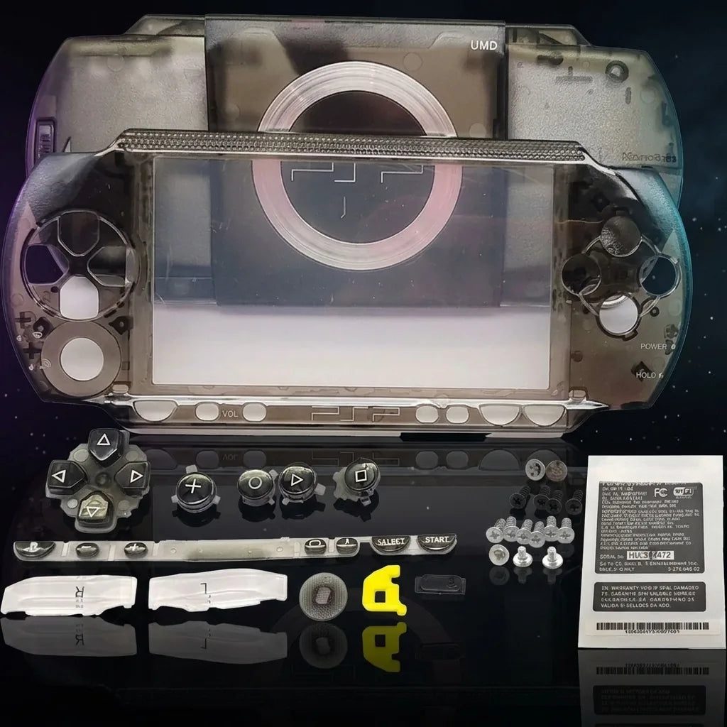 Transparent Smoke Black PSP 1000 Phat replacement shell kit with buttons and screws, see-through modded PSP housing UK