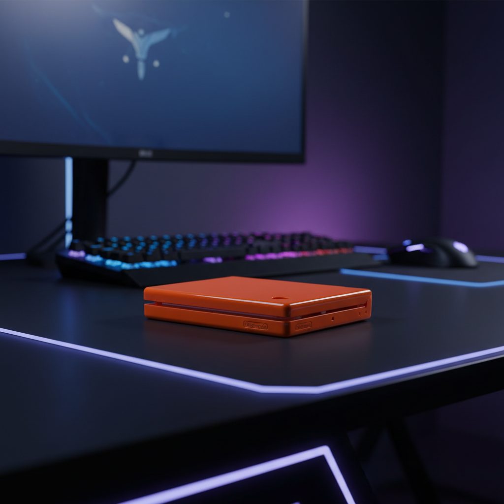Orange Solar Flare DSi housing on a gaming desk with an airy monitor scene - ModxGaming UK