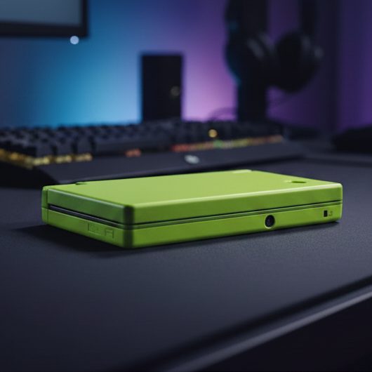 Bright lime Solar Flare Yellow DSi housing on a gaming desk with purple lighting - ModxGaming UK