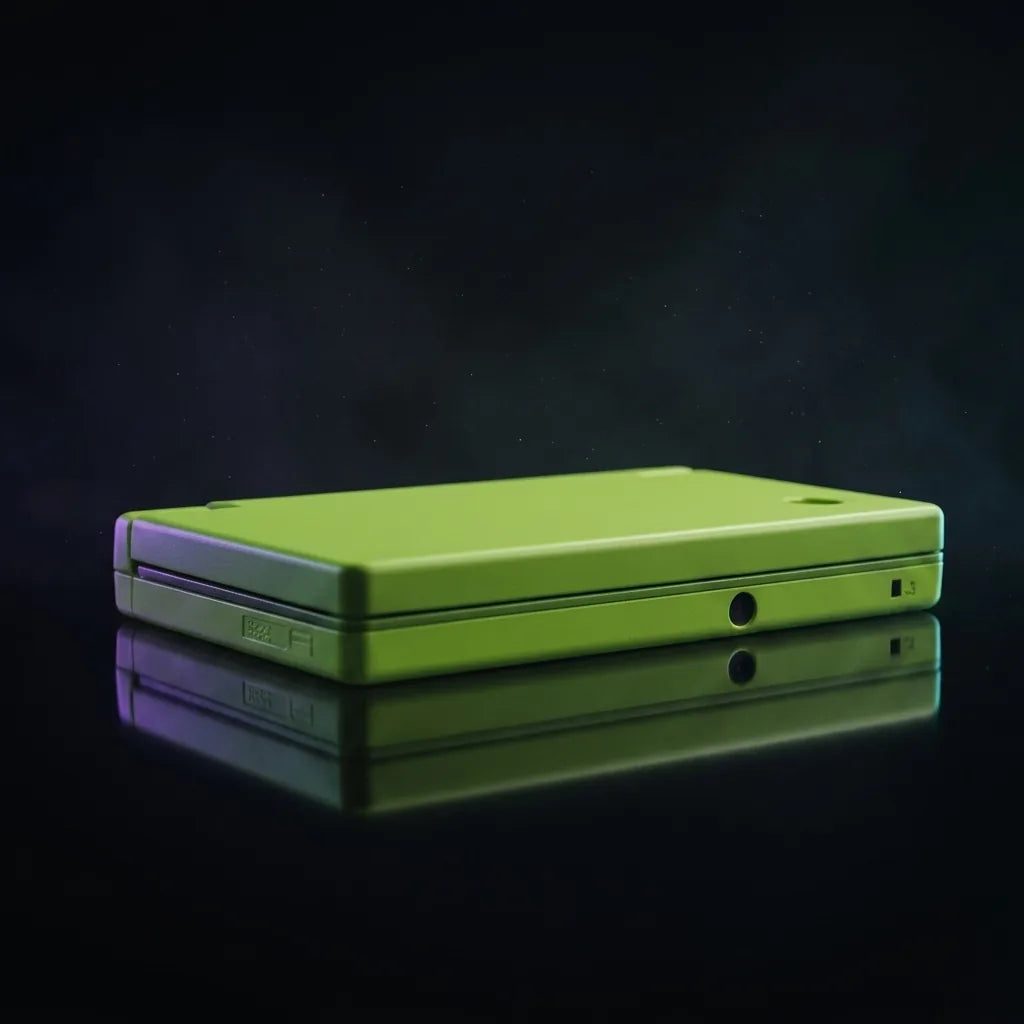 Solar Flare Yellow DSi replacement shell in vivid lime-green, closed console on a dark background