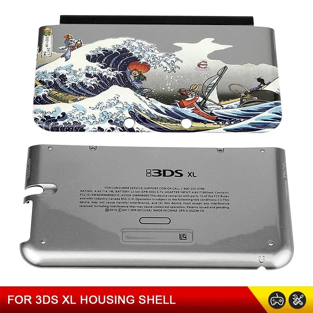 Great Wave 3DS XL aftermarket wave-print top and silver back cover plates on a plain background, buy online UK