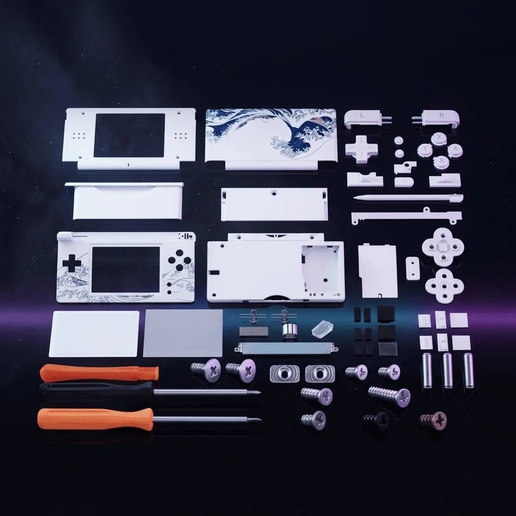 The Great Wave white DS Lite replacement shell kit with Hokusai wave lid, aftermarket housing and buttons - ModxGaming UK