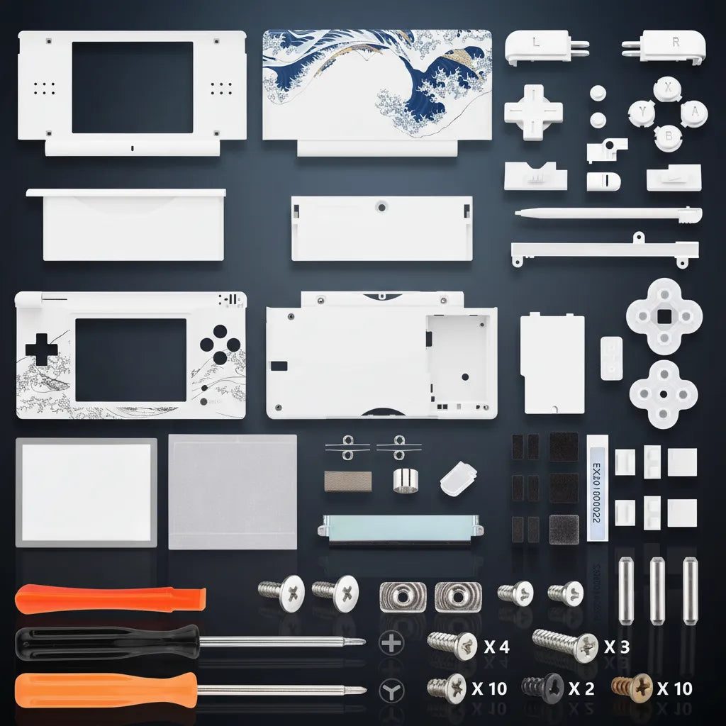 White Great Wave DS Lite replacement shell kit with Hokusai wave back cover, buttons and tools laid out on a dark surface, UK