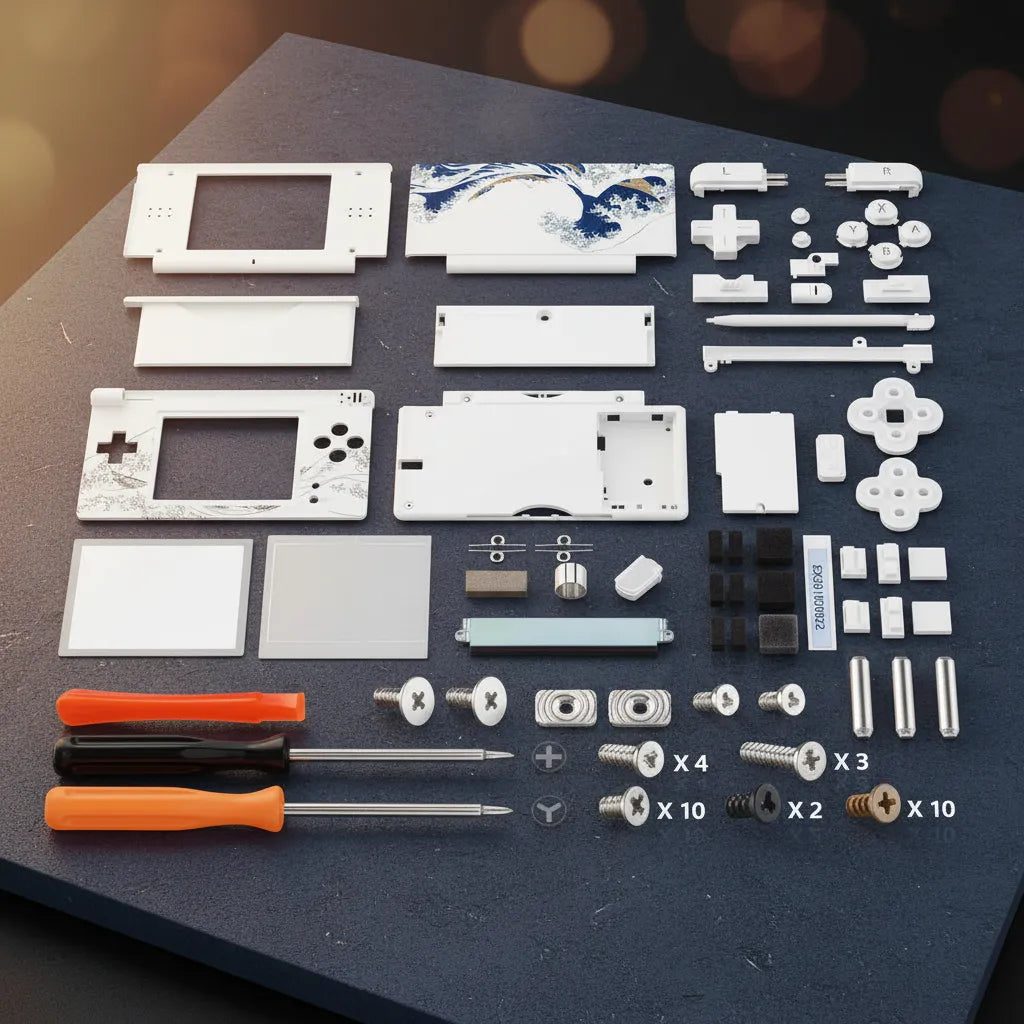 The Great Wave DS Lite aftermarket housing kit with Hokusai wave faceplate and full button set on a dark desk, custom DS Lite case UK
