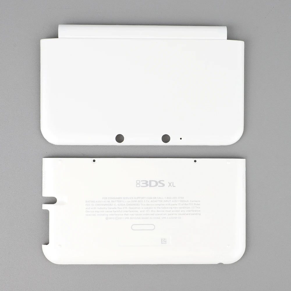 White 3DS XL aftermarket front and back cover plates on a plain grey background, buy replacement shell online UK