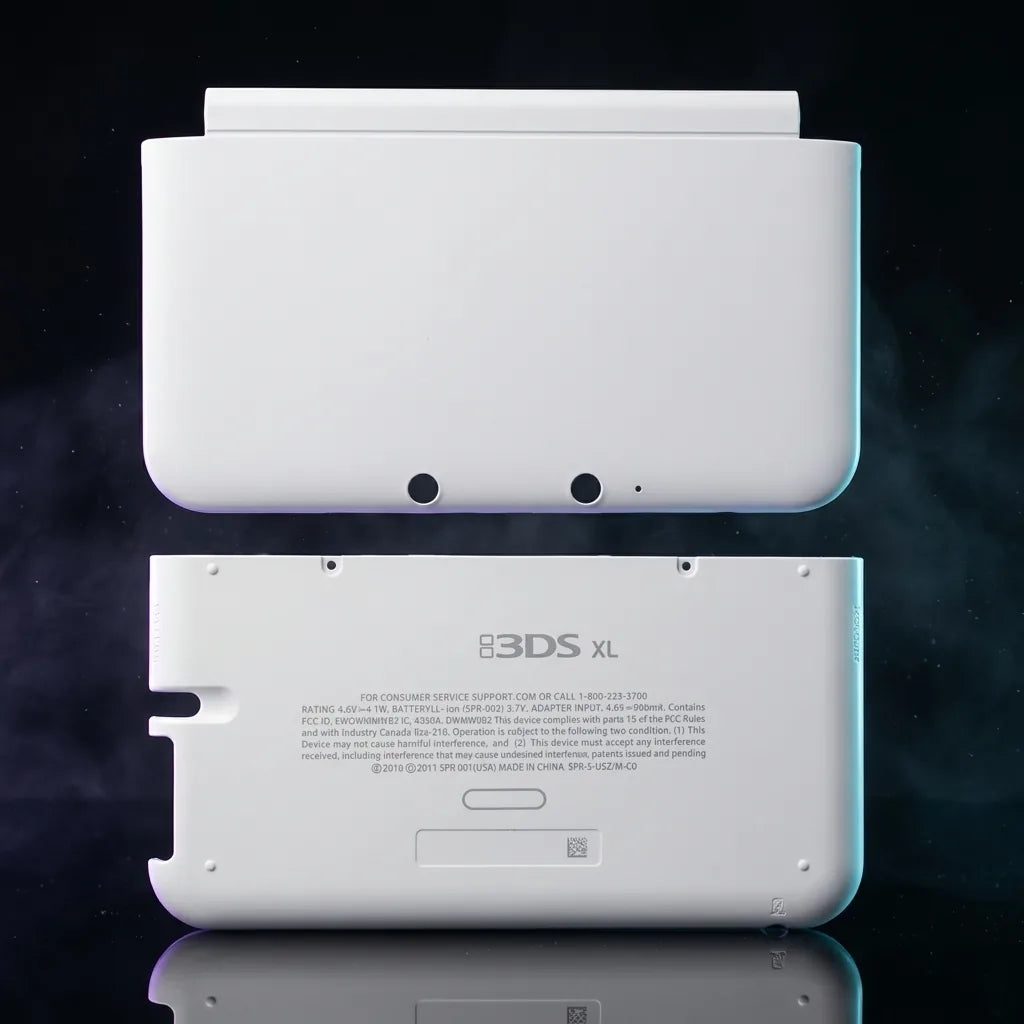 White Nintendo 3DS XL replacement housing shell top and bottom covers on a dark backdrop, ModxGaming UK
