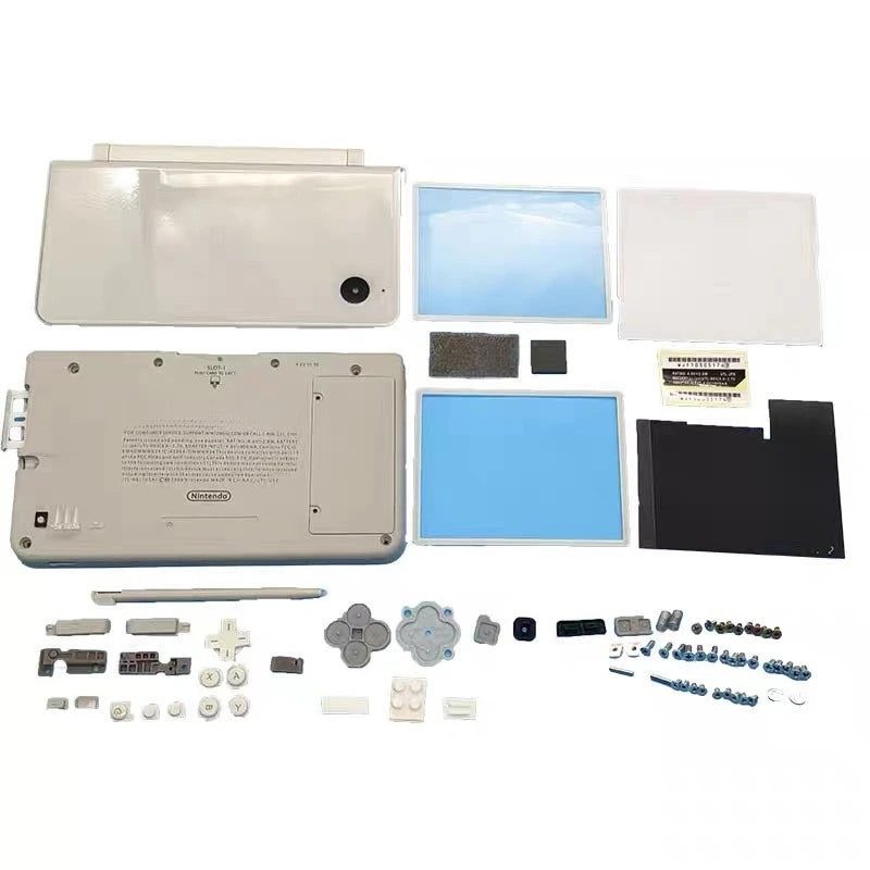 White Nintendo DSi XL replacement housing with blue screen lenses on a clean white background - ModxGaming UK