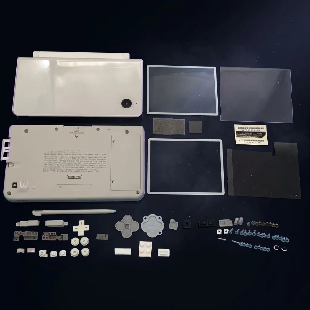 White Nintendo DSi XL replacement shell kit with lenses and buttons laid out on a dark background, ModxGaming UK