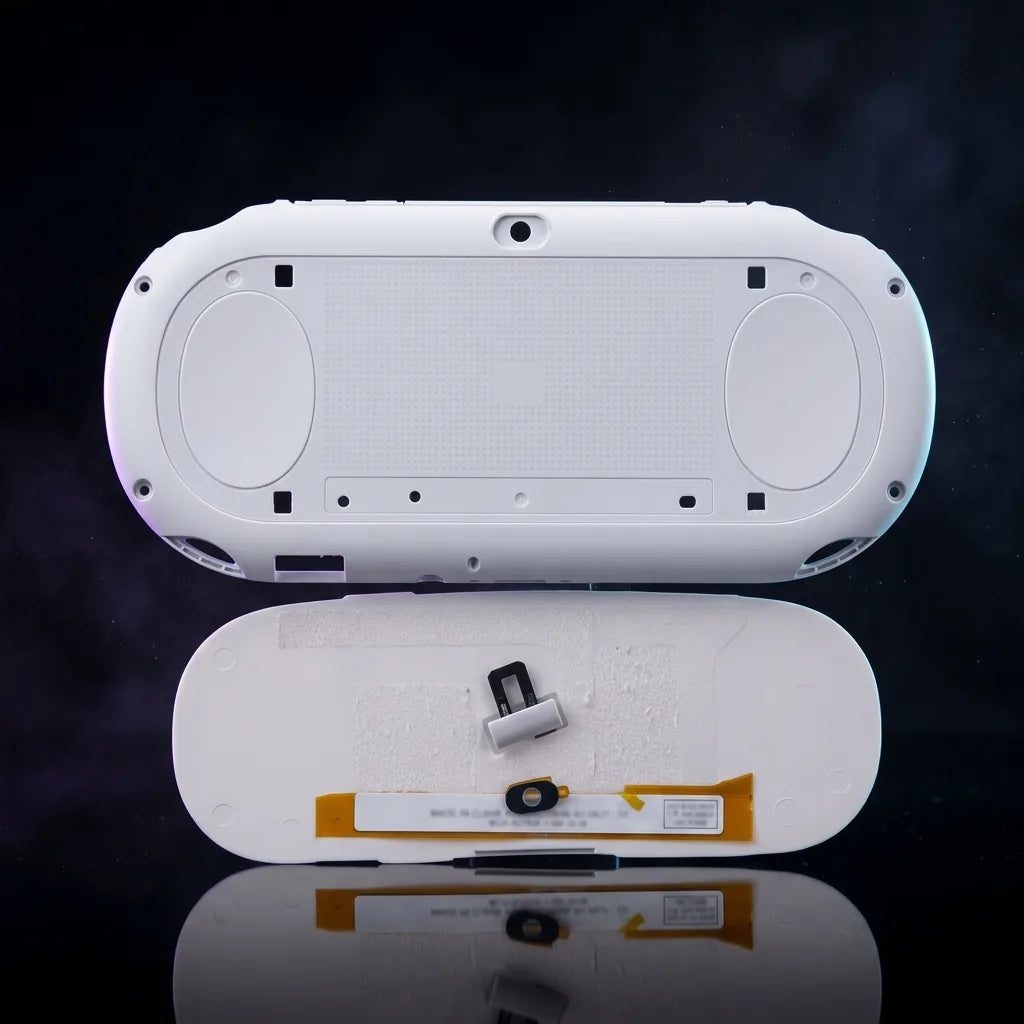 White PS Vita 2000 Slim replacement shell housing and bottom cover displayed on a dark background - ModxGaming UK
