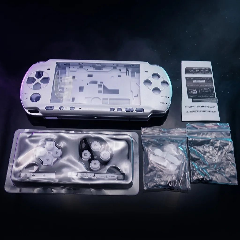 White PSP 2000/3000 Slim replacement shell kit laid out with buttons and screws, modded PSP housing UK