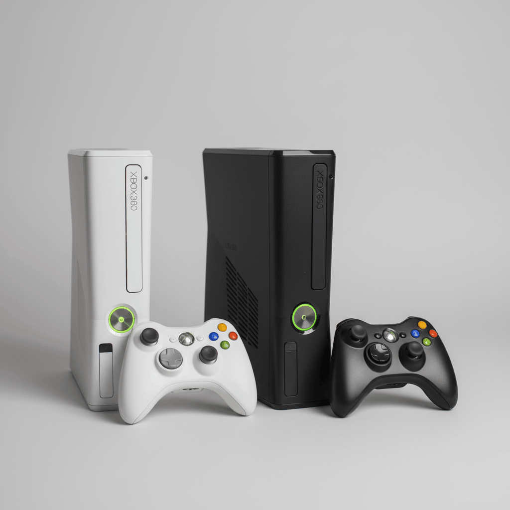 Black and white modded Xbox 360 consoles with wireless controllers - custom firmware and retro game emulators included