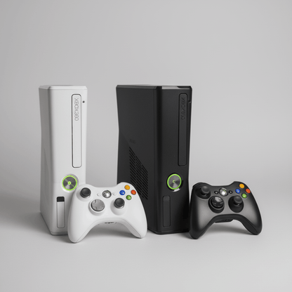 Black and white modded Xbox 360 consoles with wireless controllers - custom firmware and retro game emulators included