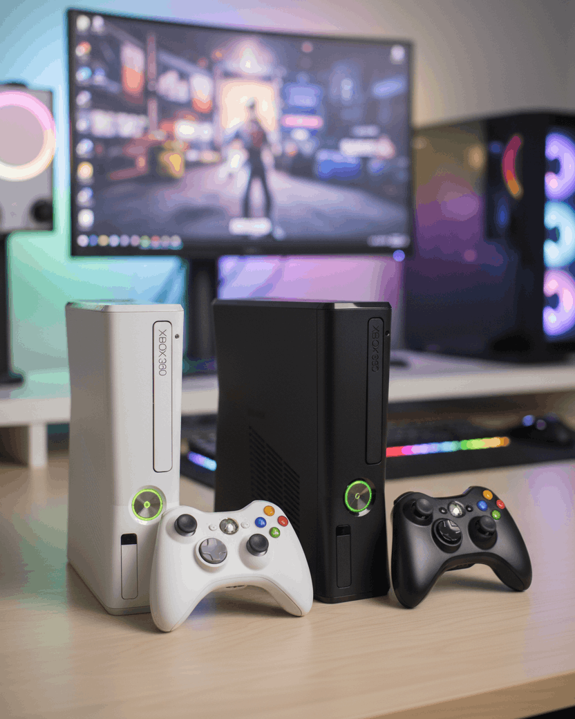 Modded Xbox 360 consoles in black and white with custom firmware, pre-installed games and emulators - gaming setup