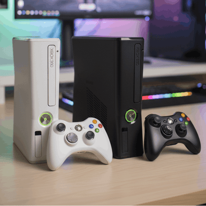 Modded Xbox 360 consoles in black and white with custom firmware, pre-installed games and emulators - gaming setup