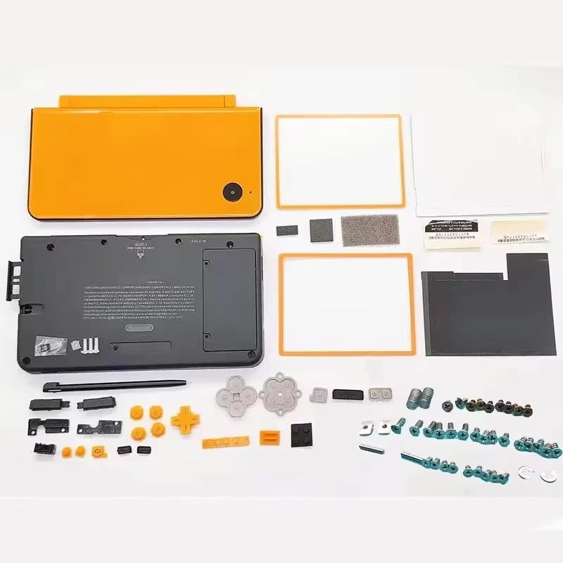 Bright yellow Nintendo DSi XL replacement housing and full parts set arranged on a white background, from ModxGaming UK
