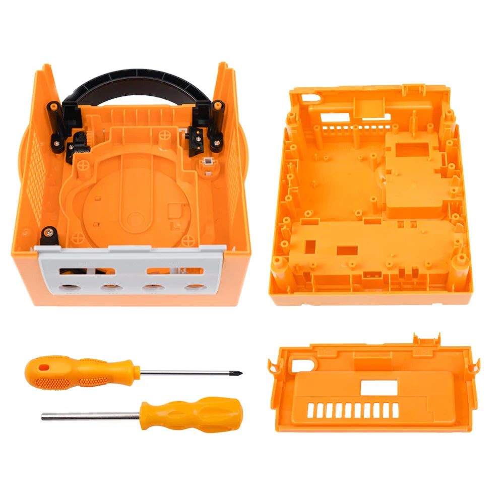 Top and bottom yellow GameCube housing shell for a custom console restoration, buy modded GameCube parts online UK