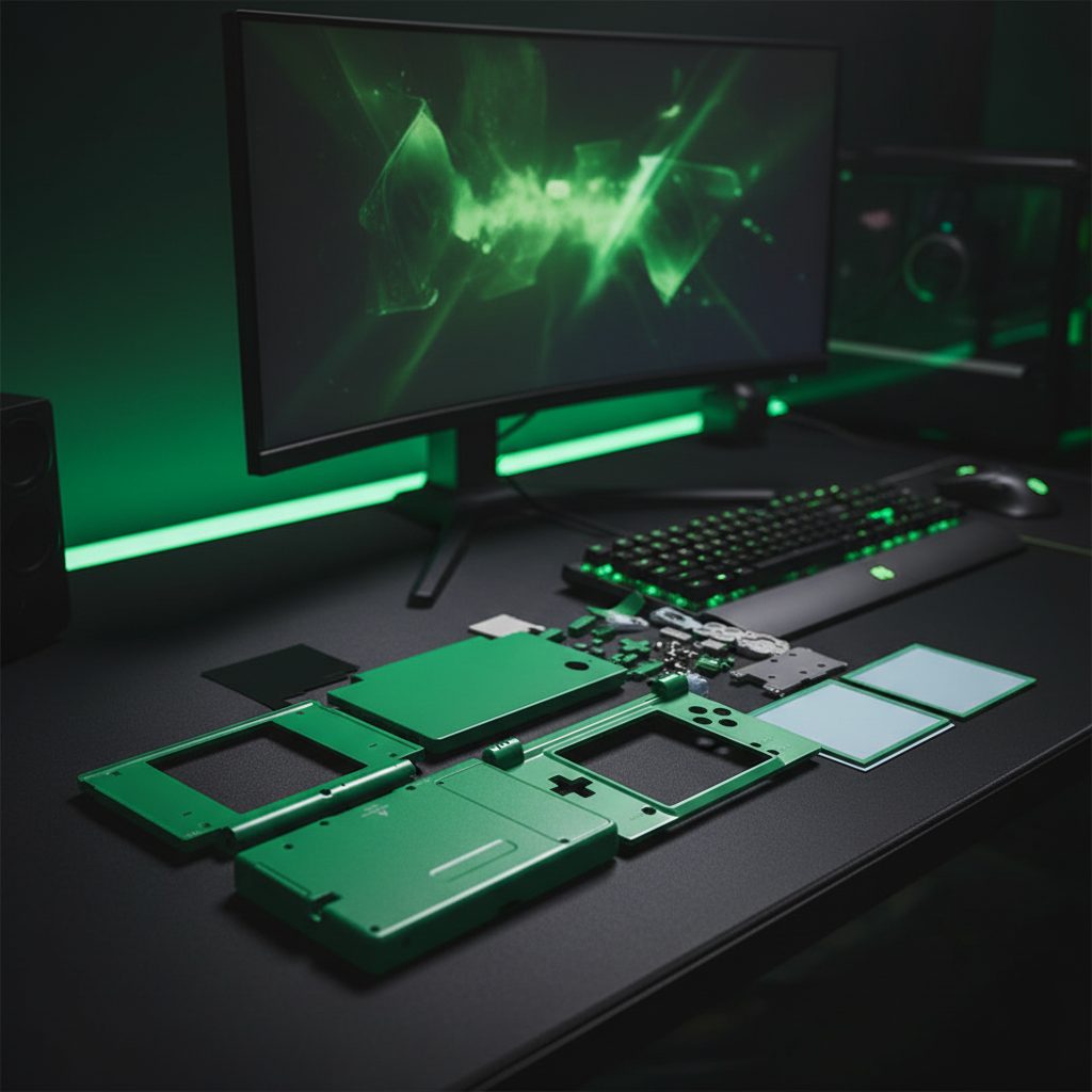 Green Zero Point DSi shell components on a gaming desk beside a green-lit monitor - ModxGaming UK